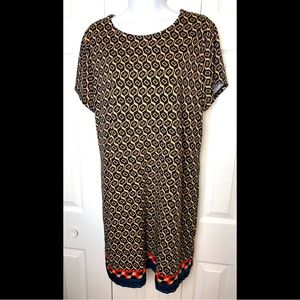 JUDE CONNALLY Emma Dress Hexagon Geo Black Stretch Knit Shift Sheath Tan Red